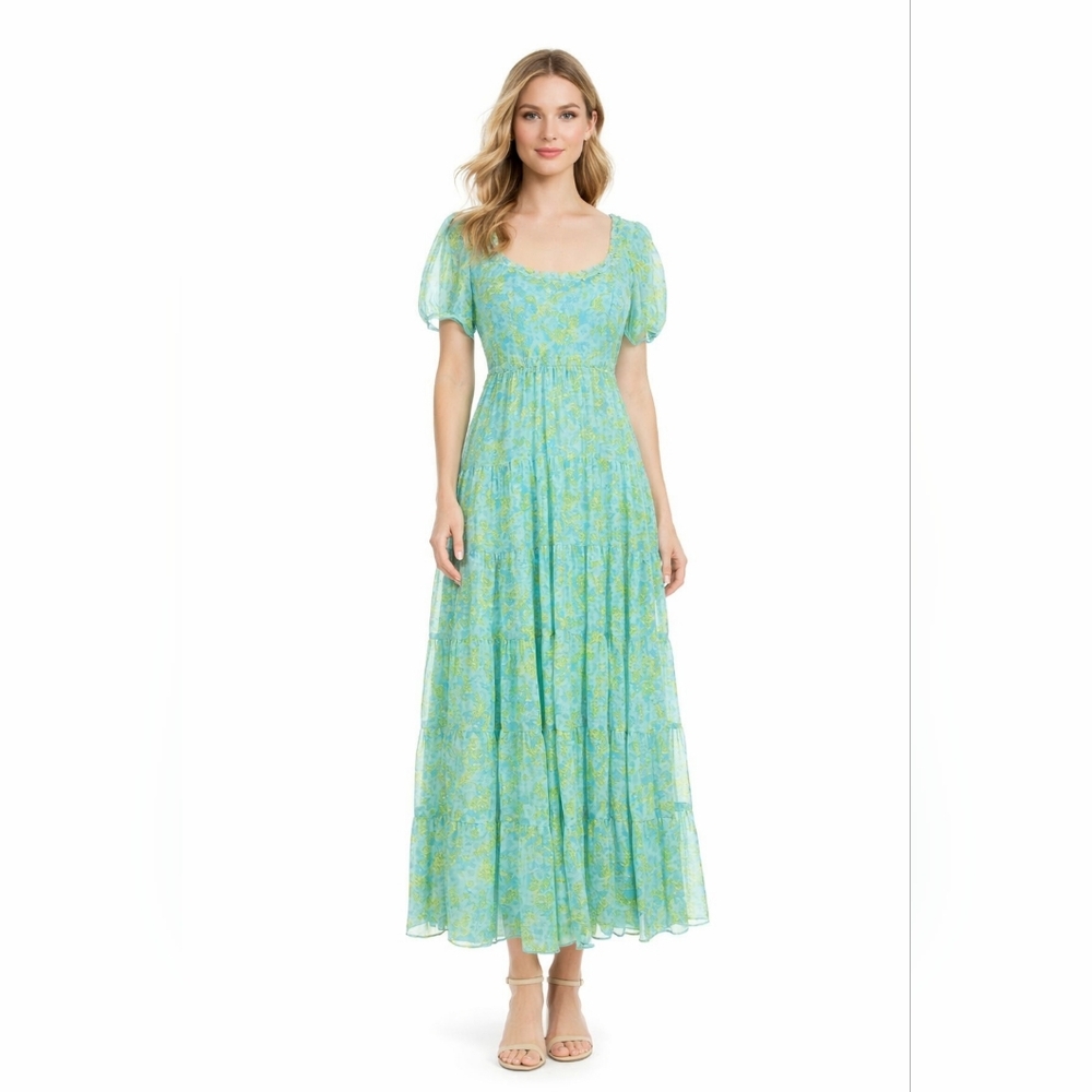 LIKELY Chloe Midi Dress 0 Blue Multi Puff Sleeve Chiffon Tiered Bridgerton